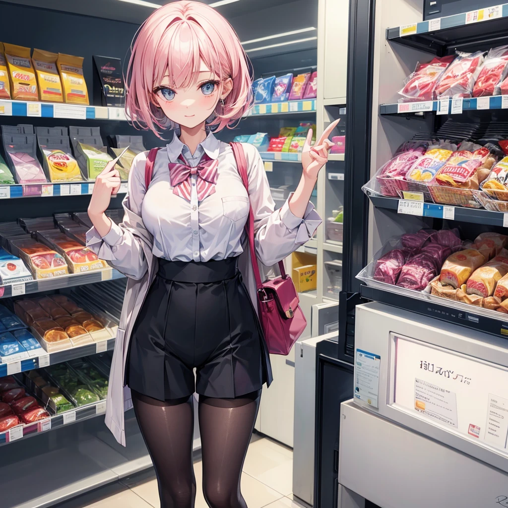 //Character
1girl,cheerful sales clerk , perfect body,   slim curve, ultra detailed face, super beautiful, innocent, cute girl, thin eyeblow, rond face, smiling full of compassion, half opened mouth, kissing face,beautiful short bobstyle,
BREAK
//Fashion
uniform of a convenience store Attire, pale pink striped collar shirt with signature of the shop , loose shorts, name tag
dark toned full length tights, ultra detail, complicated pattern on the tights  
BREAK
at the convenience store ,  at noon , gentle light, 
Break
Registering the product at the cash register