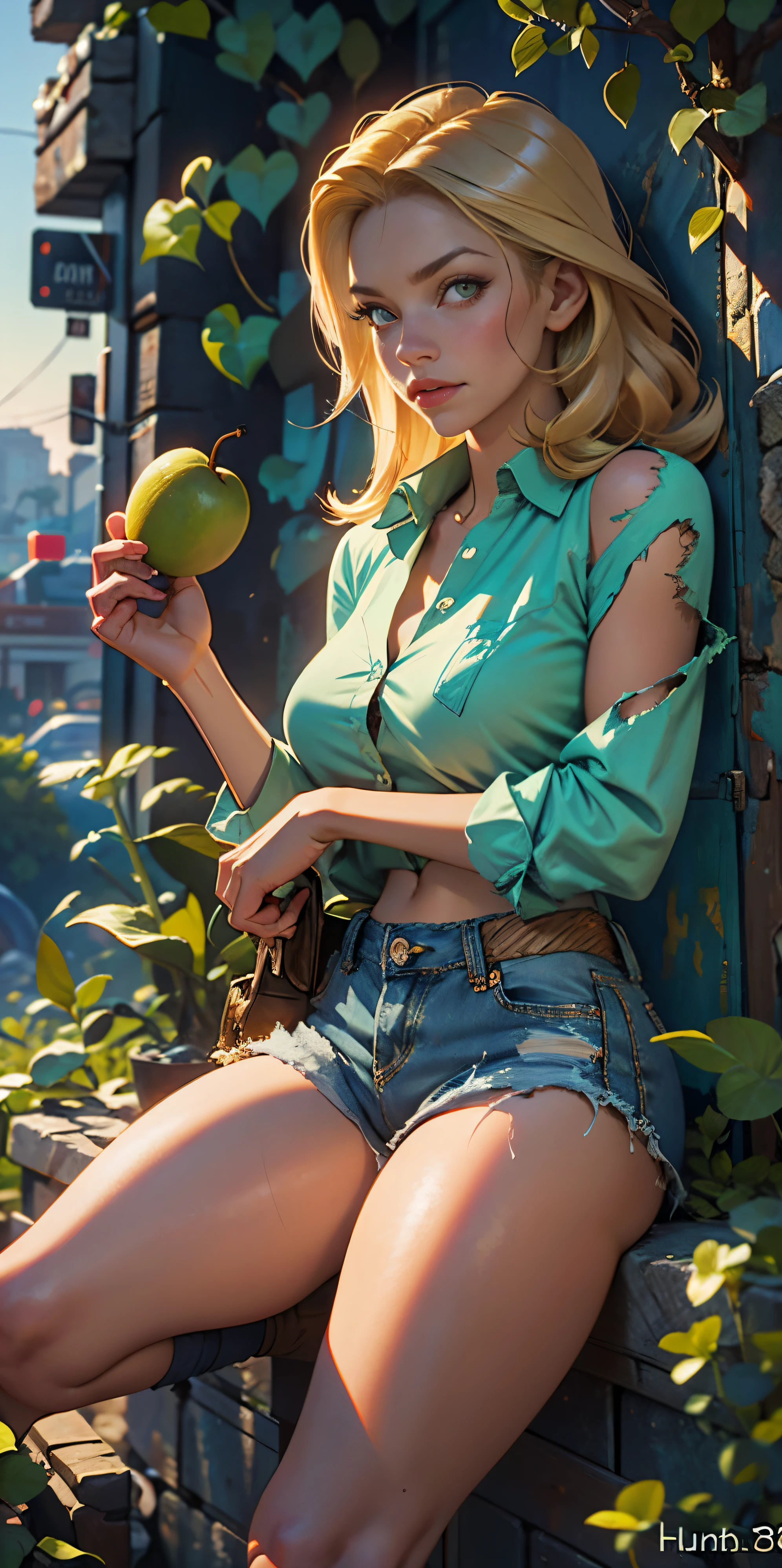 2076 year. The Urban Ruins of the Wasteland, Female huntress picking fruit in the garden, beautiful face, blonde, torn shirt and denim shorts ,  long legs, sweating through, sun rising, Nice warm colors, head to toe full body shot