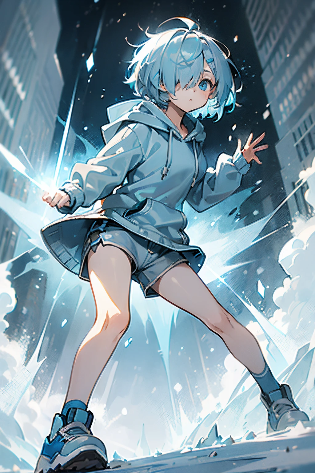 (((short light blue haired girl))), (((hair covers her right eye))), hair over one eye, light blue eyes, (((blue oversized hoodie))), (((grey shorts))), light blue shoes, in a snowy park, petite girl, cool action pose, ice powers, 1girl, lens flare, fight pose, dynamic camera, dynamic,