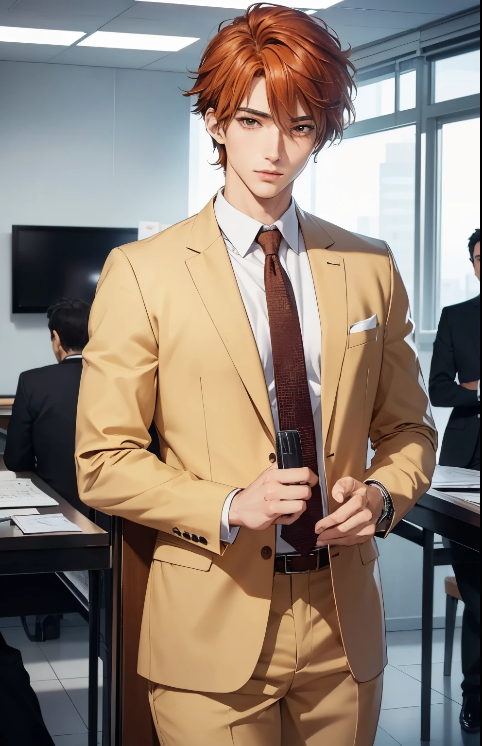 masterpiece、top-quality、hight resolution, modern office, indoor, hallway, High-quality images、8K, 1 man、skin gloss、Texture of skin and clothing、Detailed eye expression、Lustrous hair, man with orange spiky hair, Manga inspired by Lee Jong-suk, trending on deviantart, Realism, detailed manga style, manga art style, perfect lineart, beautiful line art, digital manga art ,(brown eyes, delicate eyes), plump lips, detailed handsome face,(well detailed hand), photorealistic image, depth of field, (business attire, tall), standing position, cowboy shot