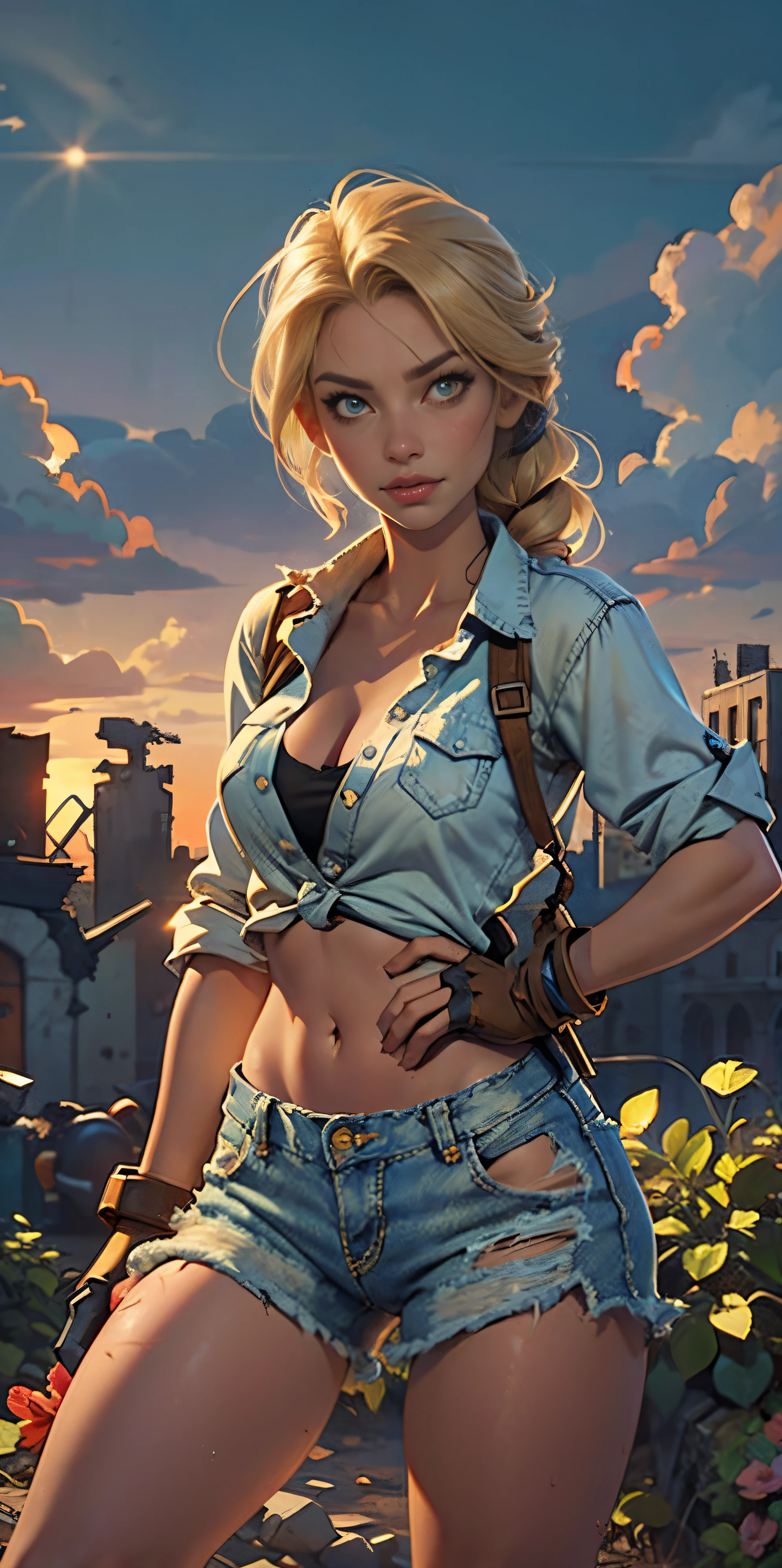 2076 year. The Urban Ruins of the Wasteland, Female huntress picking fruit in the garden, beautiful face, blonde, torn shirt and denim shorts , long legs, sweating through, sun rising, Nice warm colors, head to toe full body shot