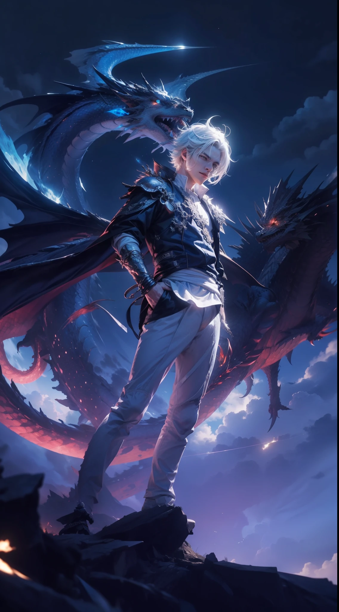 maximum resolution: 1.2), (Ultra HDTV: 1.2), 8K resolution, Eye and skin details, face details, , (Sharp focus: 1, 2), (Precise focus) facial expressions: 1,2), Boy, Standing on the clouds, (White hair), Sky, White clouds, Sun, Light, Dragon, Dragon
