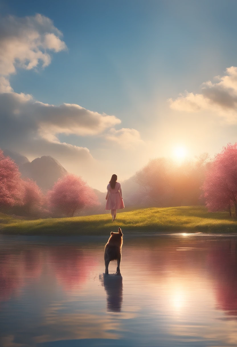 ​masterpiece、top-quality、morning、stroll。pup、1girl in、Cloud Girl、floating in sky、a closeup、with light glowing、Happiness、Fresh morning sunshine、(Spark:0.7) 、stroll、landscapes