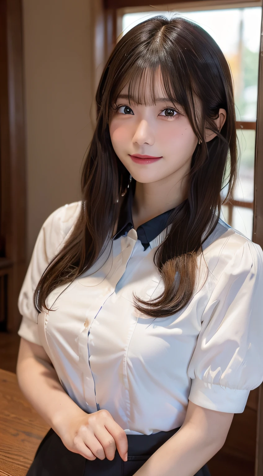 (top-quality,masterpiece:1.3,超A high resolution,),(ultra-detailliert,Caustics),(Photorealsitic:1.4,RAW shooting,)Ultra-realistic capture,A highly detailed,High resolution 16K human skin closeup。 Skin texture is natural、,The pores are、Must be detailed enough to be easy to identify。 Skin should look healthy with even tones。 Use natural light and color,resturant,Waitress uniform,1人,japanes,18year old,kawaii,A dark-haired,Middle hair,(large boob),smil,Turn your body to the front,(front-facing view:1.2),Looking at the camera,cowboy shot,boob focused,chest close-up