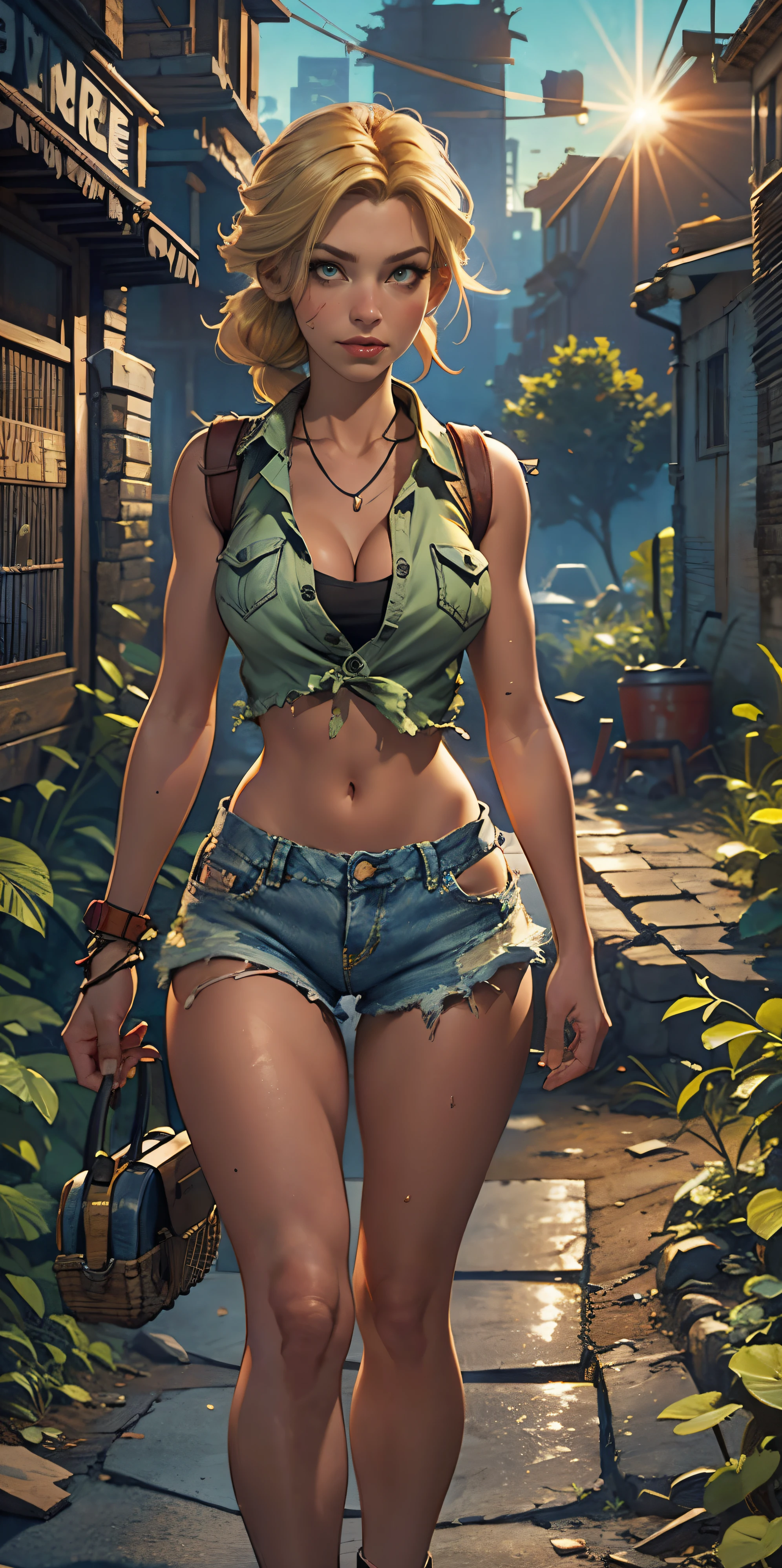 2076 year. The Urban Ruins of the Wasteland, Female huntress picking fruit in the garden, beautiful face, blonde, badly torn shirt and denim shorts ,  long legs, sweating through, sun rising, Nice warm colors, head to toe full body shot
