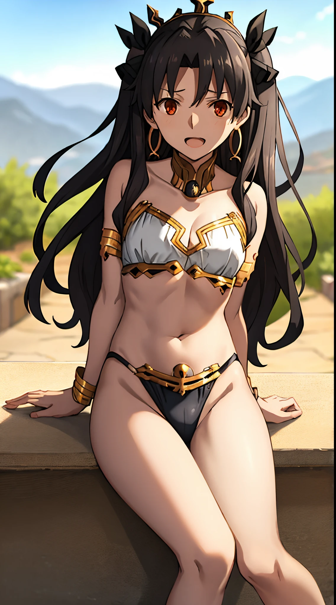 Best Quality, (masutepiece:1.2), Detailed, Blurry background,
Ishtar,
1girl in, Solo, Open mouth, lightsmile,
Black hair, Red Eyes, two side up, a black ribbon, diadems, hoop earrings,
White Bikini Tops, Black Bikini bottom, gold trim, elbow groves, thighs thighs thighs thighs, Asymmetrical legwear,Looking at the viewer,
Outdoors, A desert、sitting and inviting、sexy  pose、Open your crotch、Beautiful body。