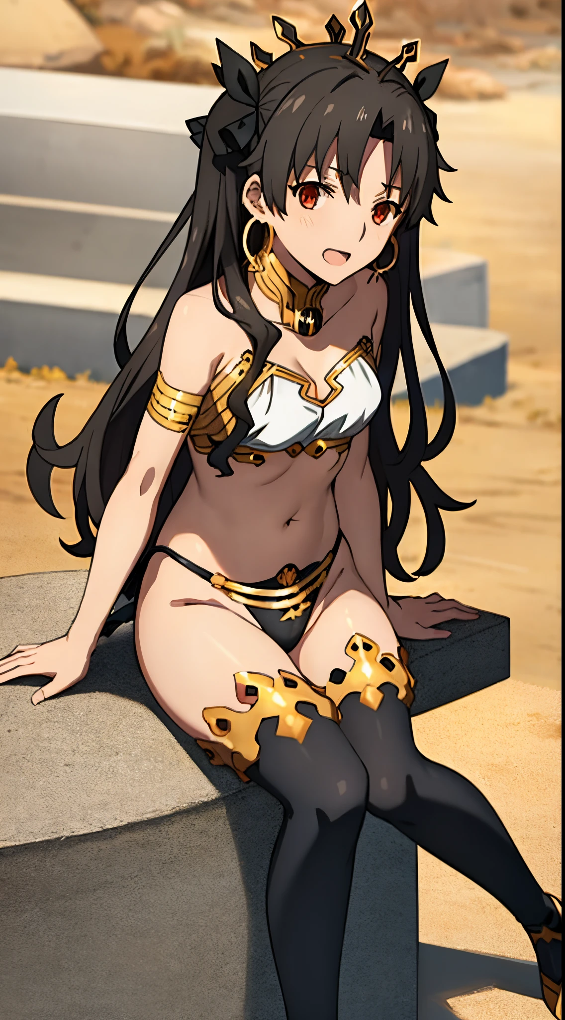 Best Quality, (masutepiece:1.2), Detailed, Blurry background,
Ishtar,
1girl in, Solo, Open mouth, lightsmile,
Black hair, Red Eyes, two side up, a black ribbon, diadems, hoop earrings,
White Bikini Tops, Black Bikini bottom, gold trim, elbow groves, thighs thighs thighs thighs, Asymmetrical legwear,Looking at the viewer,
Outdoors, A desert、sitting and inviting、sexy  pose、Open your crotch、Beautiful body。