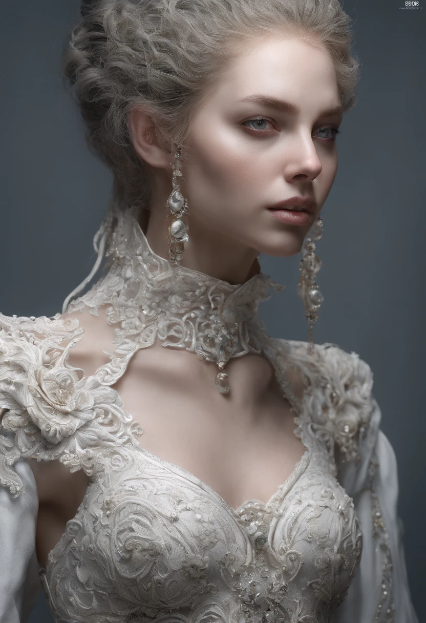 Incredibly detailed photography of a beautiful vampire alien, renaissance, Cheveux longs et blancs, yeux blancs complexes, Fantastique, ethereal, hyperdetailed, 32k resolution, dinamic lighting, nombril couvert, hyper detailed, intricate high detail, Tendances sur ArtStation, Costume de luxe blanc, volumeric lighting, BalenciagaStyle