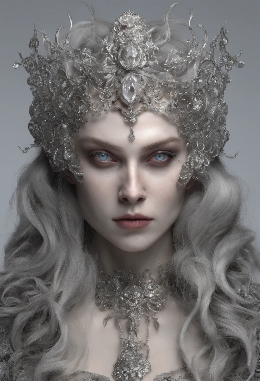 Incredibly detailed photography of a beautiful vampire alien, renaissance, Cheveux longs et blancs, yeux blancs complexes, Fantastique, ethereal, hyperdetailed, 32k resolution, dinamic lighting, nombril couvert, hyper detailed, intricate high detail, Tendances sur ArtStation, Costume de luxe blanc, volumeric lighting, BalenciagaStyle