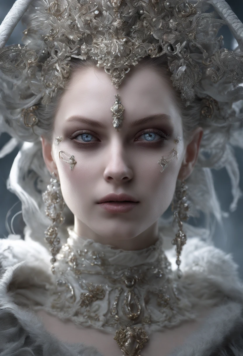 Incredibly detailed photography of a beautiful vampire alien, renaissance, Cheveux longs et blancs, yeux blancs complexes, Fantastique, ethereal, hyperdetailed, 32k resolution, dinamic lighting, nombril couvert, hyper detailed, intricate high detail, Tendances sur ArtStation, Costume de luxe blanc, volumeric lighting, BalenciagaStyle