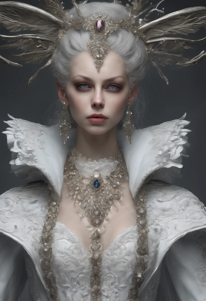 Incredibly detailed photography of a beautiful vampire alien, renaissance, Cheveux longs et blancs, yeux blancs complexes, Fantastique, ethereal, hyperdetailed, 32k resolution, dinamic lighting, nombril couvert, hyper detailed, intricate high detail, Tendances sur ArtStation, Costume de luxe blanc, volumeric lighting, BalenciagaStyle