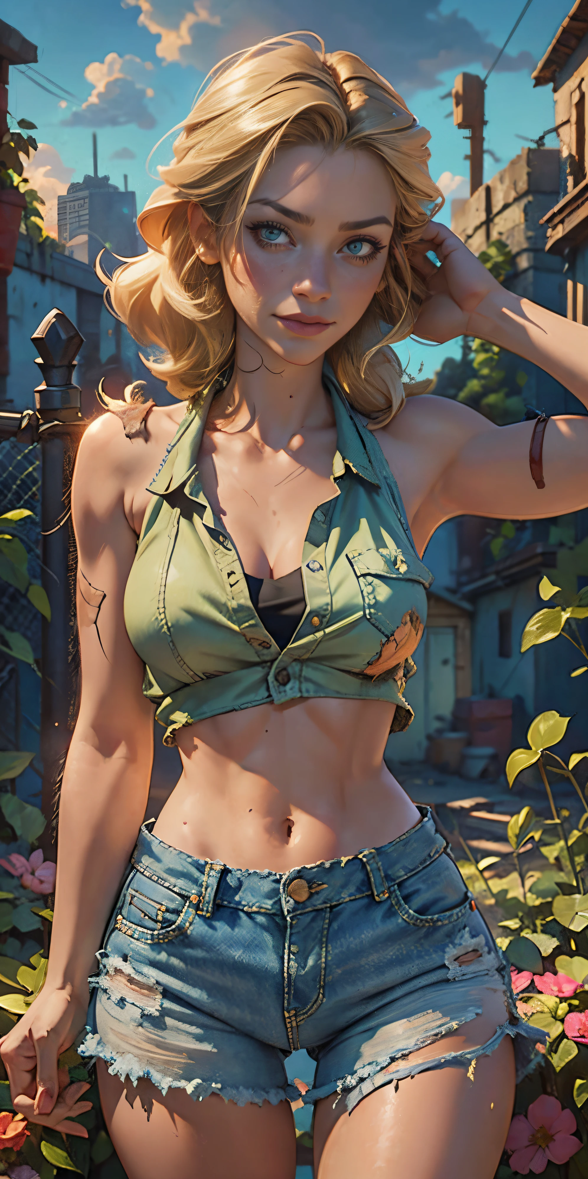 2076 year. The Urban Ruins of the Wasteland, Female huntress picking fruit in the garden, beautiful face, blonde, badly torn shirt and denim shorts , long legs, sweating through, sun rising, Nice warm colors, head to toe full body shot