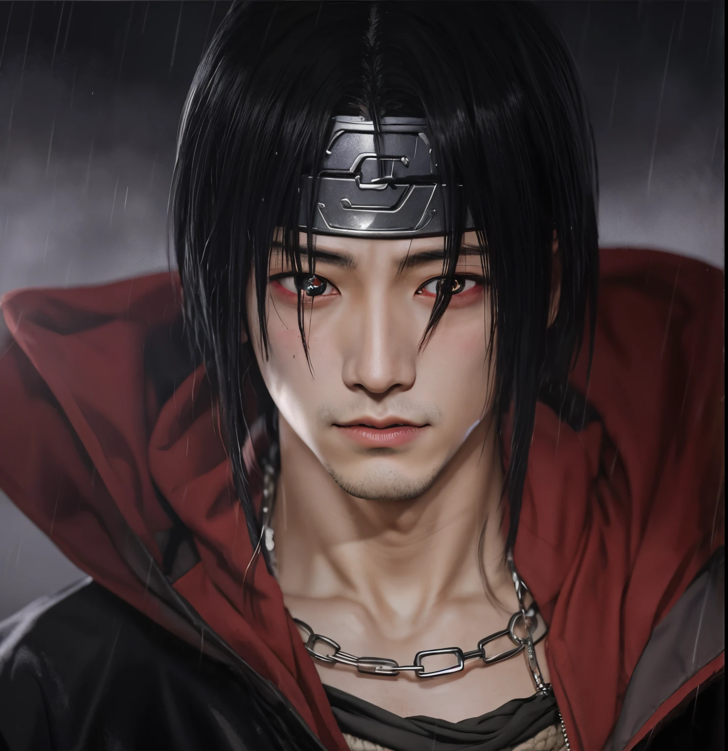 personagem de anime com cabelo preto e olhos vermelhos na chuva, Itachi uchiha, Itachi, itatchi uchiha, sasuke uchiha, he's very menacing and evil, de naruto, madara uchiha, Akira Akatsuki, Sakimi, chan Sakimi, his eyes are red and glowing, his eyes are bleeding intense, Ryuu