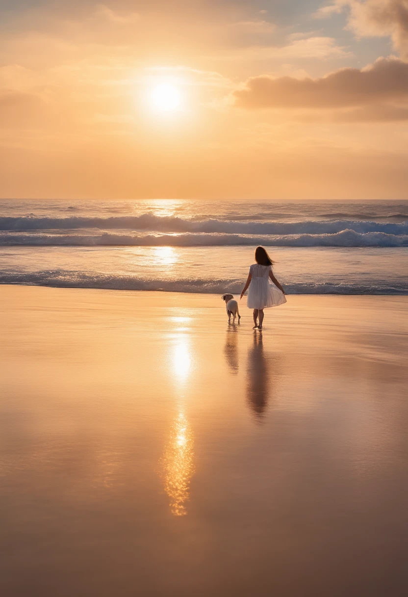 masterpiece、top-quality、morning、stroll。pup、1girl in、Cloud Girl、floating in sky、a closeup、with light glowing、Happiness、Fresh morning sunshine、(Spark:0.7) 、stroll、landscapes, beach in background