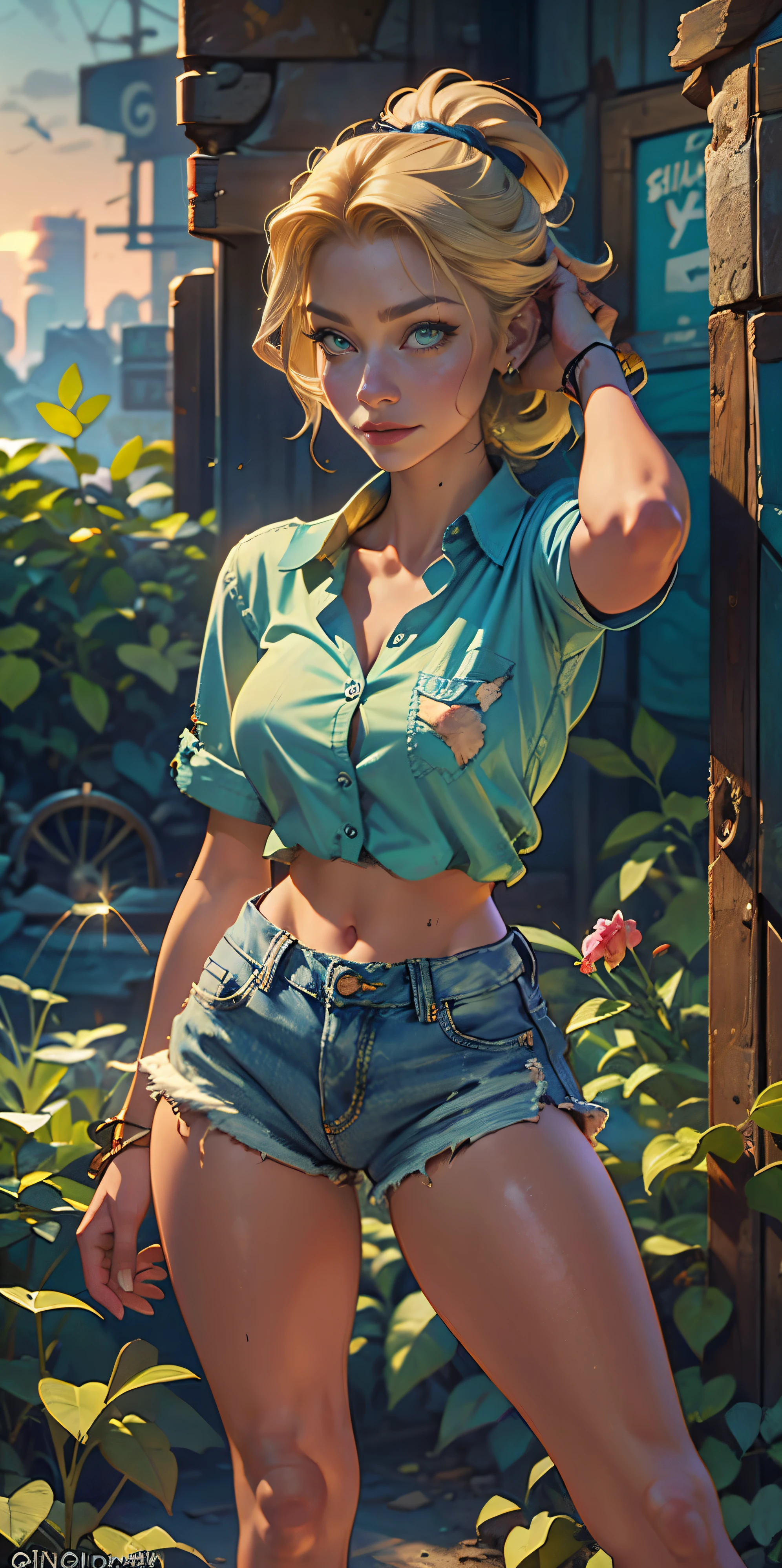 2076 year. The Urban Ruins of the Wasteland, Female huntress picking fruit in the garden, beautiful face, blonde, badly torn shirt and denim shorts , long legs, sweating through, sun rising, Nice warm colors, head to toe full body shot