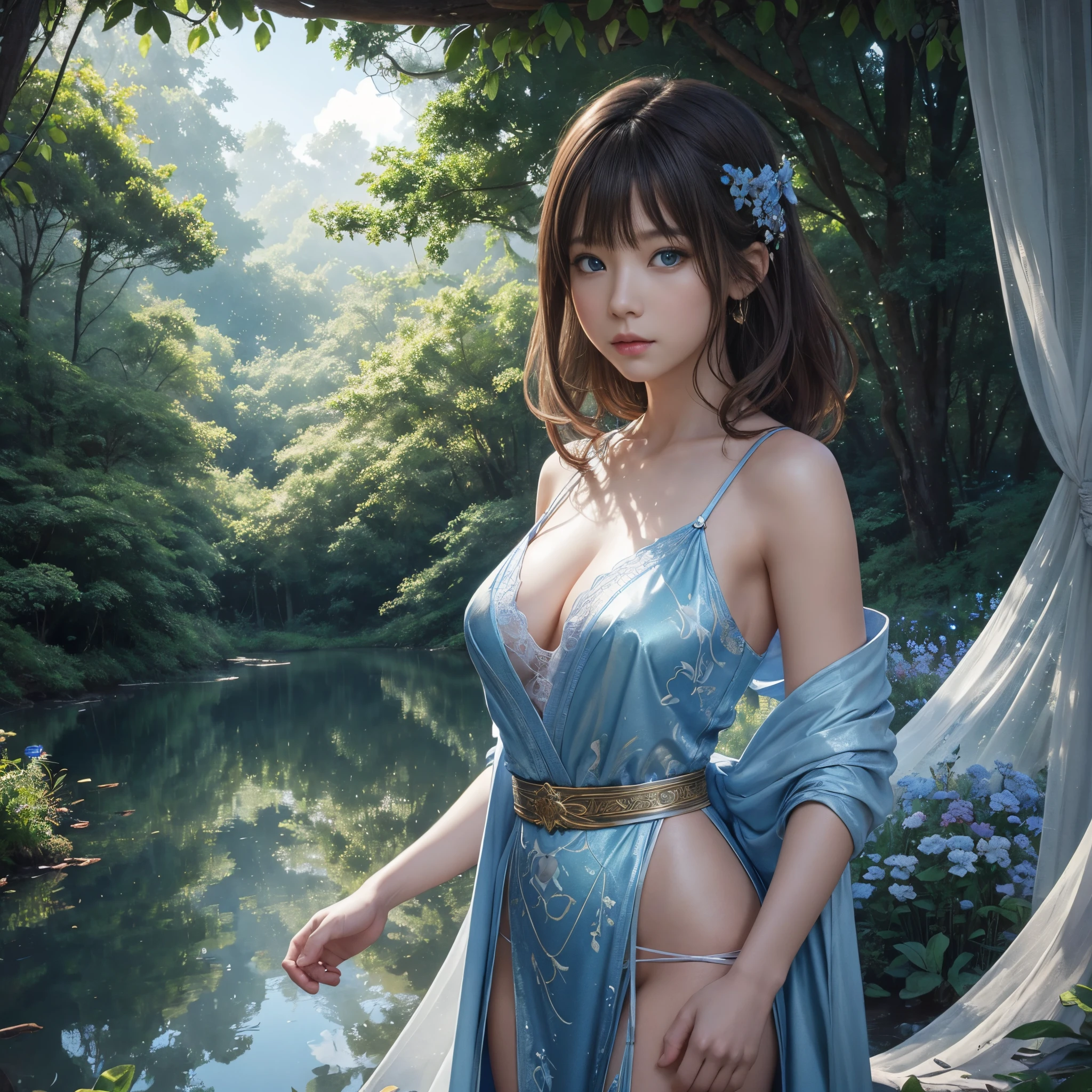 hightquality、8K Ultra HD、fullllbody、16-year-old woman、robe blanche、light brown hair、Blue eyes、(In the background is a lovely healing forest and a waterside)、cute little、Beautiful fece、portlate、Morning light、florals、art by:Alberto Seveso、Symmetrical、Abstract art style、Complex and intricate watercolor painting 、digitial painting、concept-art、Volumetric lighting、TanvirTamim、metal reflective、2d render、8K。 by artgerm、Trending on ArtStation