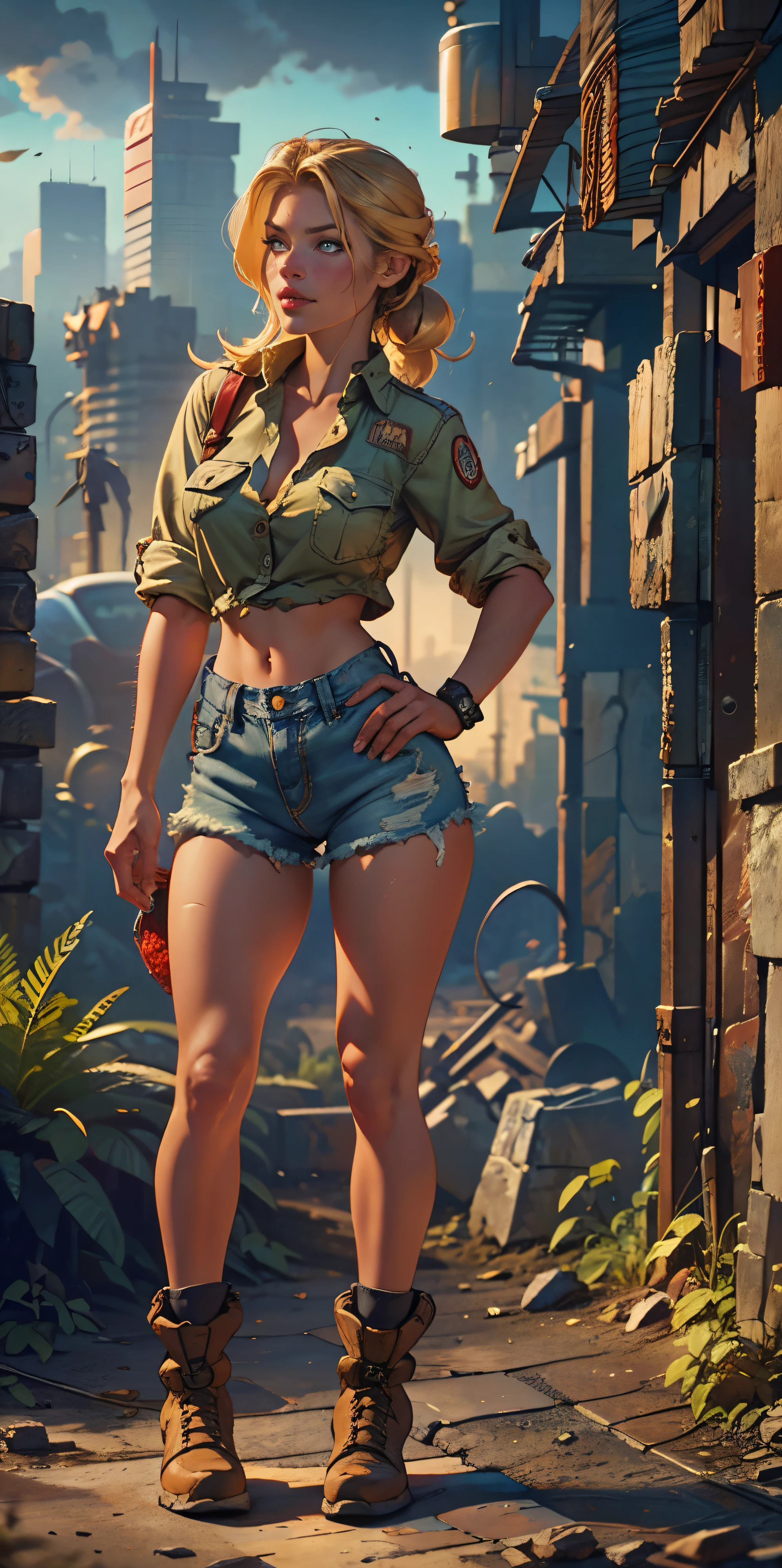 2076 year. The Urban Ruins of the Wasteland, Female huntress picking fruit in the garden, beautiful face, blonde, badly torn shirt and denim shorts , long legs, sweating through, sun rising, Nice warm colors, head to toe full body shot