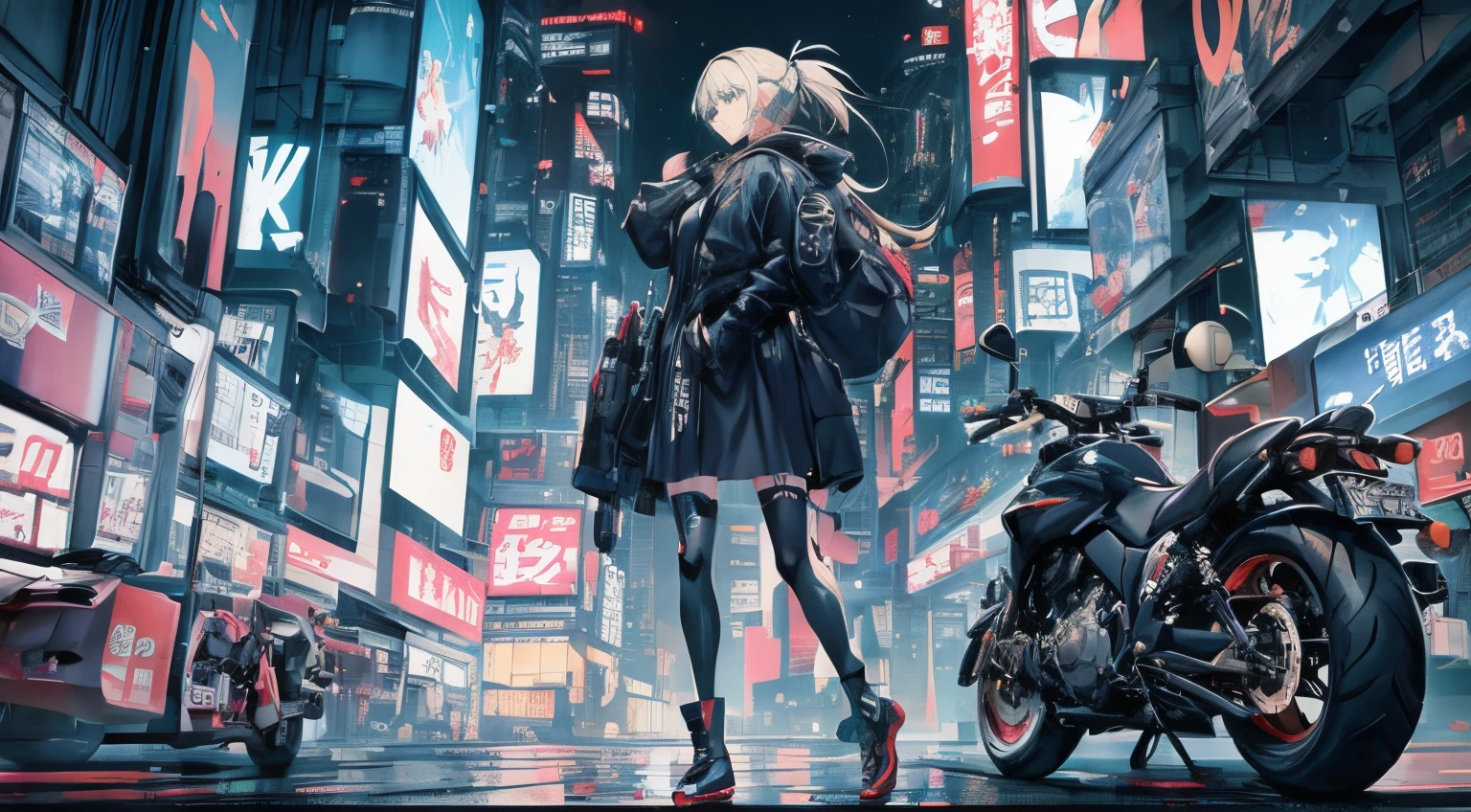 Anime girl standing in front of a motorcycle in the city at night２a person, best anime 4k konachan wallpaper, Digital Cyberpunk Anime Art, 动漫赛博朋克艺术, digital cyberpunk - anime art, cyberpunk anime art, modern cyberpunk anime, badass anime 8 K, anime style 4 k, anime cyberpunk, 4k anime wallpaper, anime wallpaper 4k, anime wallpaper 4 k