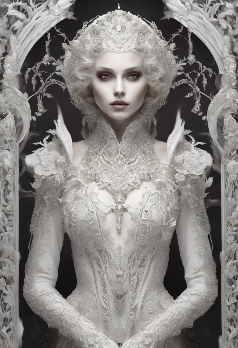 Incredibly detailed photography of a beautiful vampire alien, renaissance, Cheveux longs et blancs, yeux blancs complexes, Fantastique, ethereal, hyperdetailed, 32k resolution, dinamic lighting, nombril couvert, hyper detailed, intricate high detail, Tendances sur ArtStation, Costume de luxe blanc, volumeric lighting, BalenciagaStyle