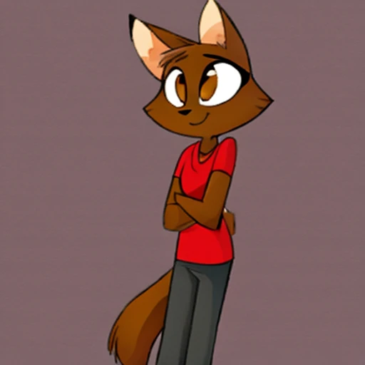 Brown cat, brown eyes, red shirt, gray slack pants, female, solo.