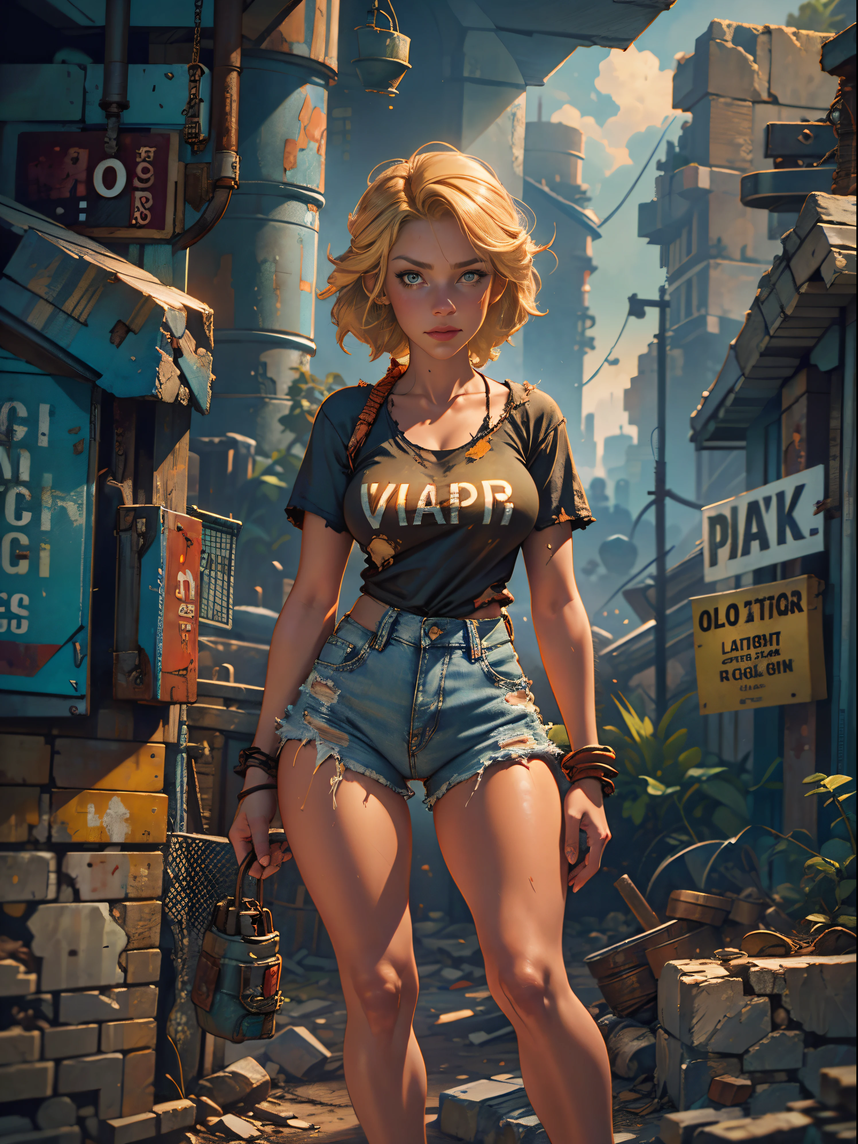 2076 year. The Urban Ruins of the Wasteland, Female huntress picking fruit in the garden, beautiful face, blonde, very torn shirt and denim shorts, shirt in tatters , long legs, sweating through, sun rising, Nice warm colors, head to toe full body shot