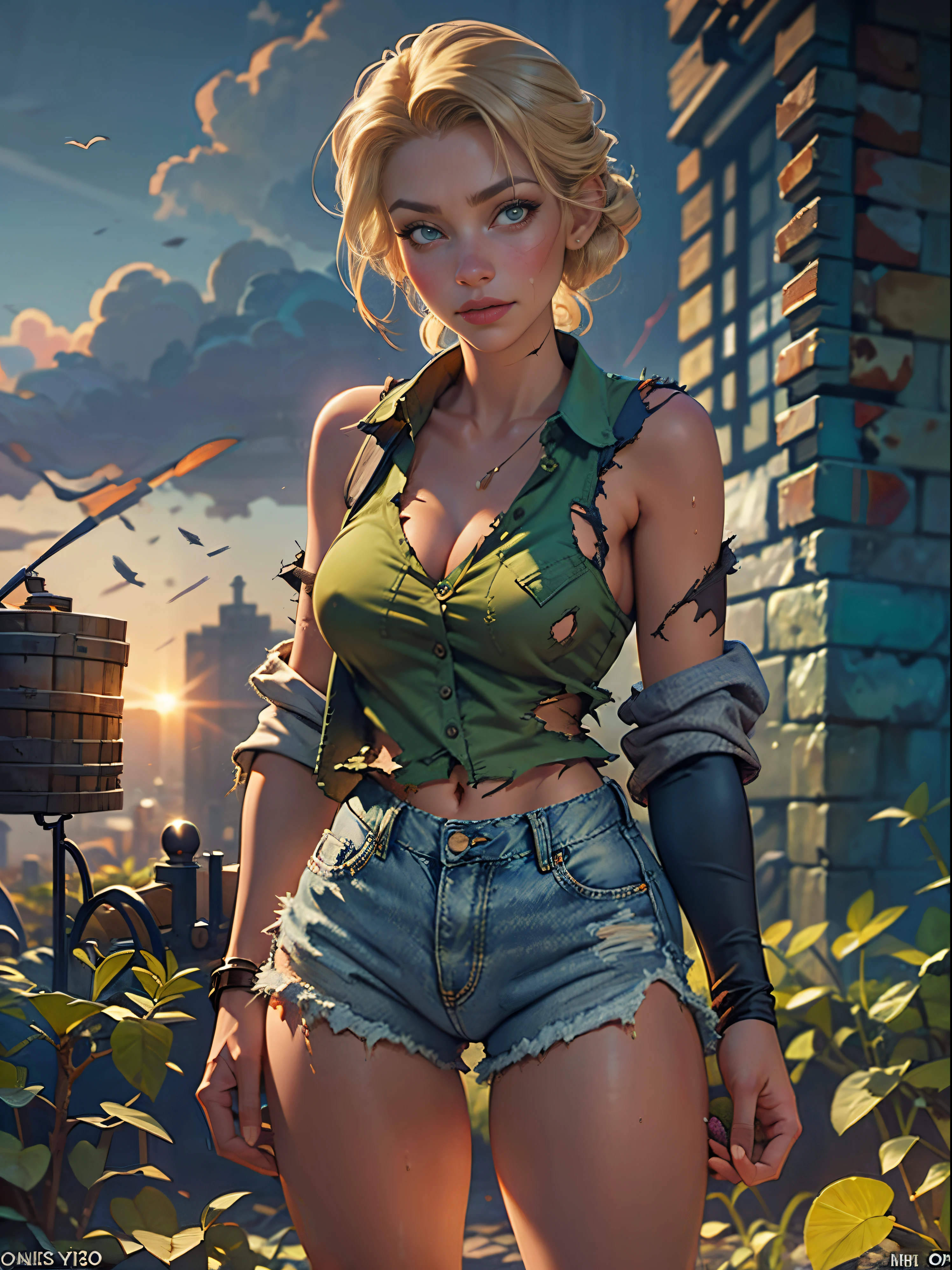 2076 year. The Urban Ruins of the Wasteland, Female huntress picking fruit in the garden, beautiful face, blonde, very torn shirt and denim shorts, shirt in tatters , long legs, sweating through, sun rising, Nice warm colors, head to toe full body shot
