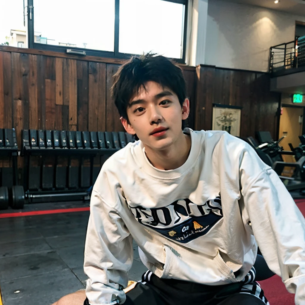 Best quality, 超高分辨率, (realistically:1.4), tmasterpiece, Cordas Portela 400, blur backgroun , gym room, (Face focus:1.3),1 boy ,white skinned,Loose sweatshirt, placed in a, looking at viewert , surface focus