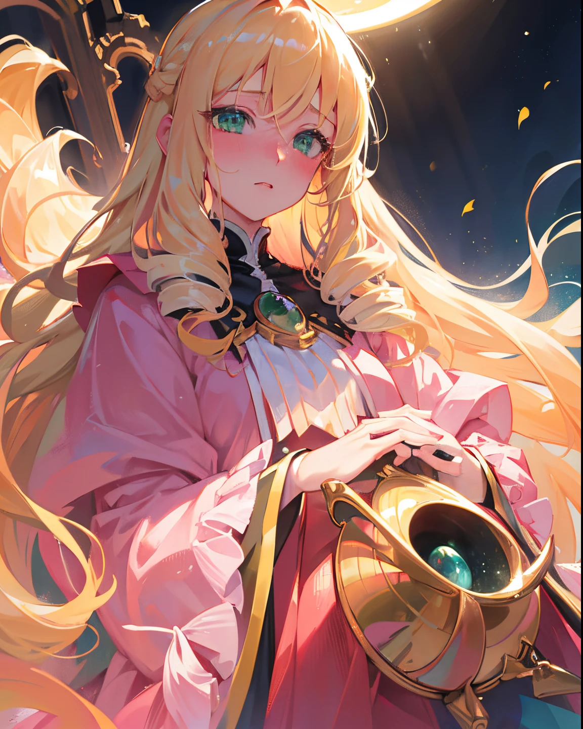 Best quality, masterpiece, ultra high res, (photorealistic:1.4), raw photo, 1girl, long blonde hair, shiny skin, dramatic lighting, {{green eyes}}, blushing, embarrassed, moonlight, pink clothing, large bust