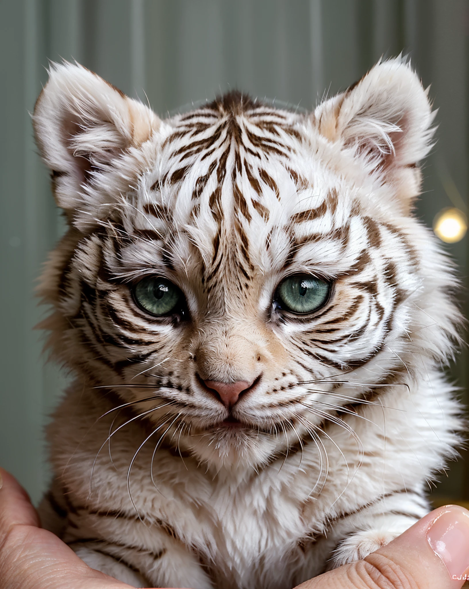 (best quality,ultra-detailed,realistic:1.37),small adorable white tiger cub,cute and playful,tiny paws and sharp claws,curious and innocent expression,fluffy fur with delicate stripes,bright and vibrant colors,soft and warm lighting,playful chibi style,precious little creature,enchanting and magical scene, ample headroom, chibi, third rules of photography, dynamic pose, ambiance