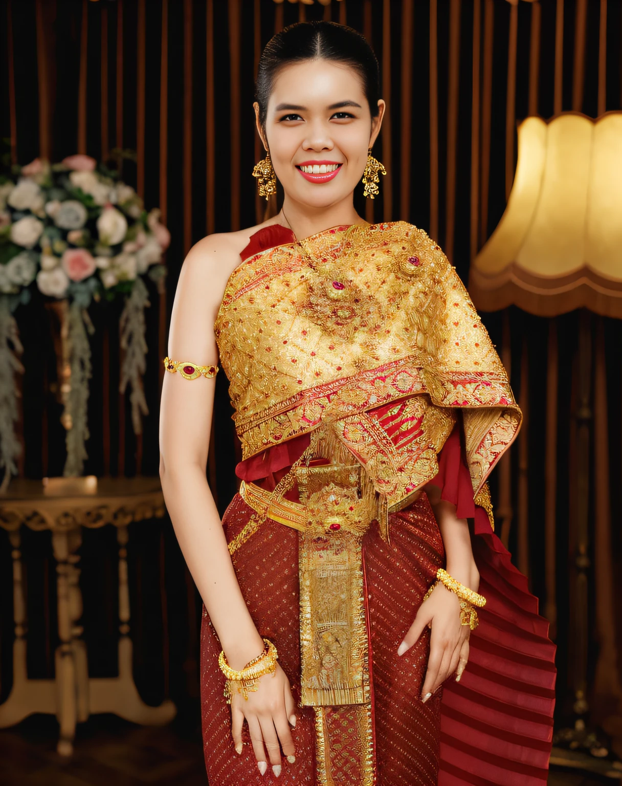 arafed woman in a red and gold dress with a red purse, sukhothai costume, in style of thawan duchanee, traditional beauty, wearing an ornate outfit, wearing traditional garb, traditional dress, in style of lam manh, wearing ornate clothing, south east asian with long, traditional tai costume, traditional, portrait of modern darna