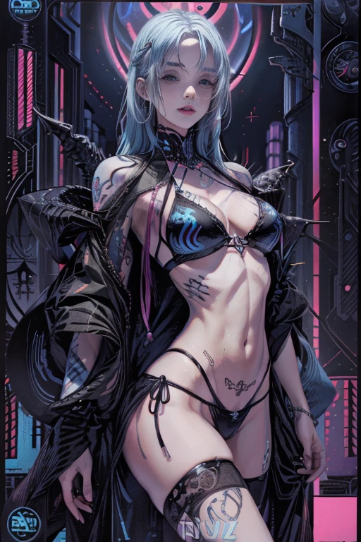 Family 2 sexually female tattoos , blue hair, magazine cover, poster art , adding to the spine-tingling atmosphere, bold huge text, matted design layout. Squeezing belly, all in bikini, Holographic Horizons