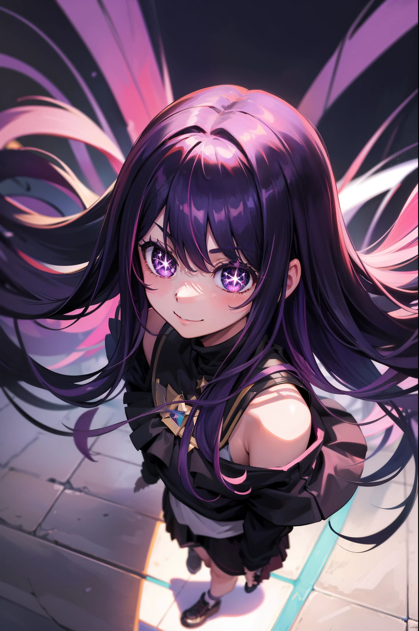 from above, (masterpiece), best quality, expressive eyes, perfect face, highres, (8k), (perfect face), (ultra details), 1 girl, solo, ai hoshino, hair between eyes,  long hair, one side up, (purple eyes:1.1), purple hair, (star-shaped pupils:1.5), symbol-shaped pupils, ((purple blouse)), off shoulders, white pants, jacket, black jacket, open jacket, snickers, smile, street background, standing, full body, portrait, looking at the viewer,