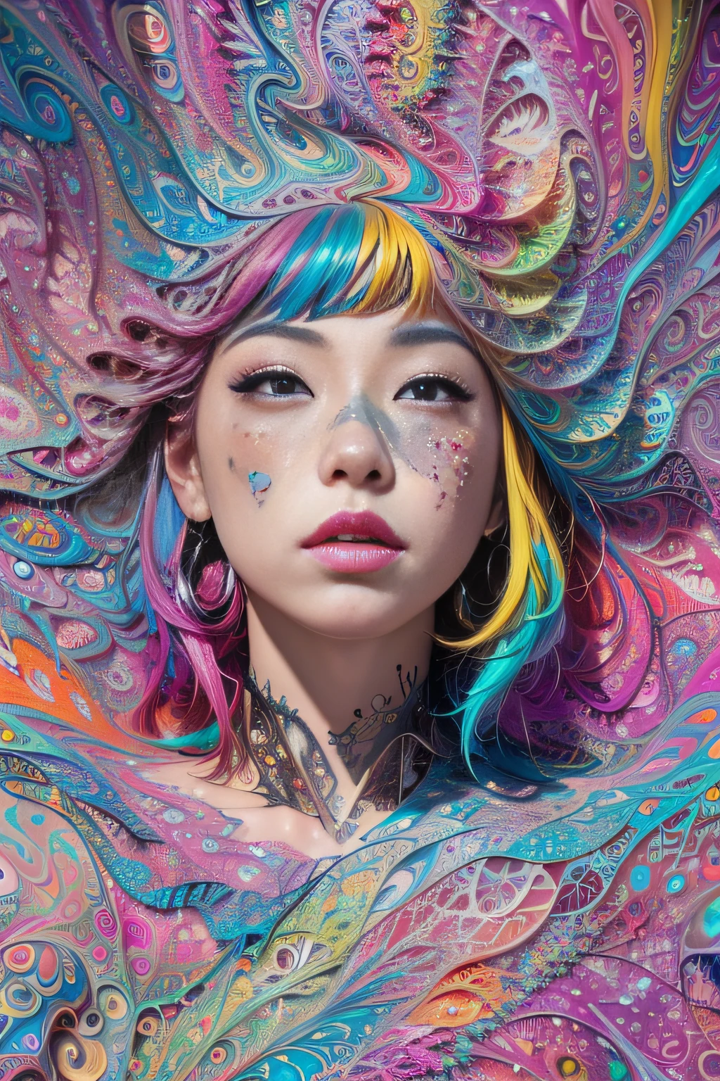 (dripping:1.3, psychedelic, Colorful, A drawing of a woman with random features in a cartoon style), 美丽的面容、A detailed face、perfectly proportions、Sexy, acid style, colorful psychedelic background, (Fractal Art:1.5), reflection, Cowboy Shot, (The body is decorated with psychedelic body paint....:1.5)、(Hand-drawn with accurate anatomy:1.1)、