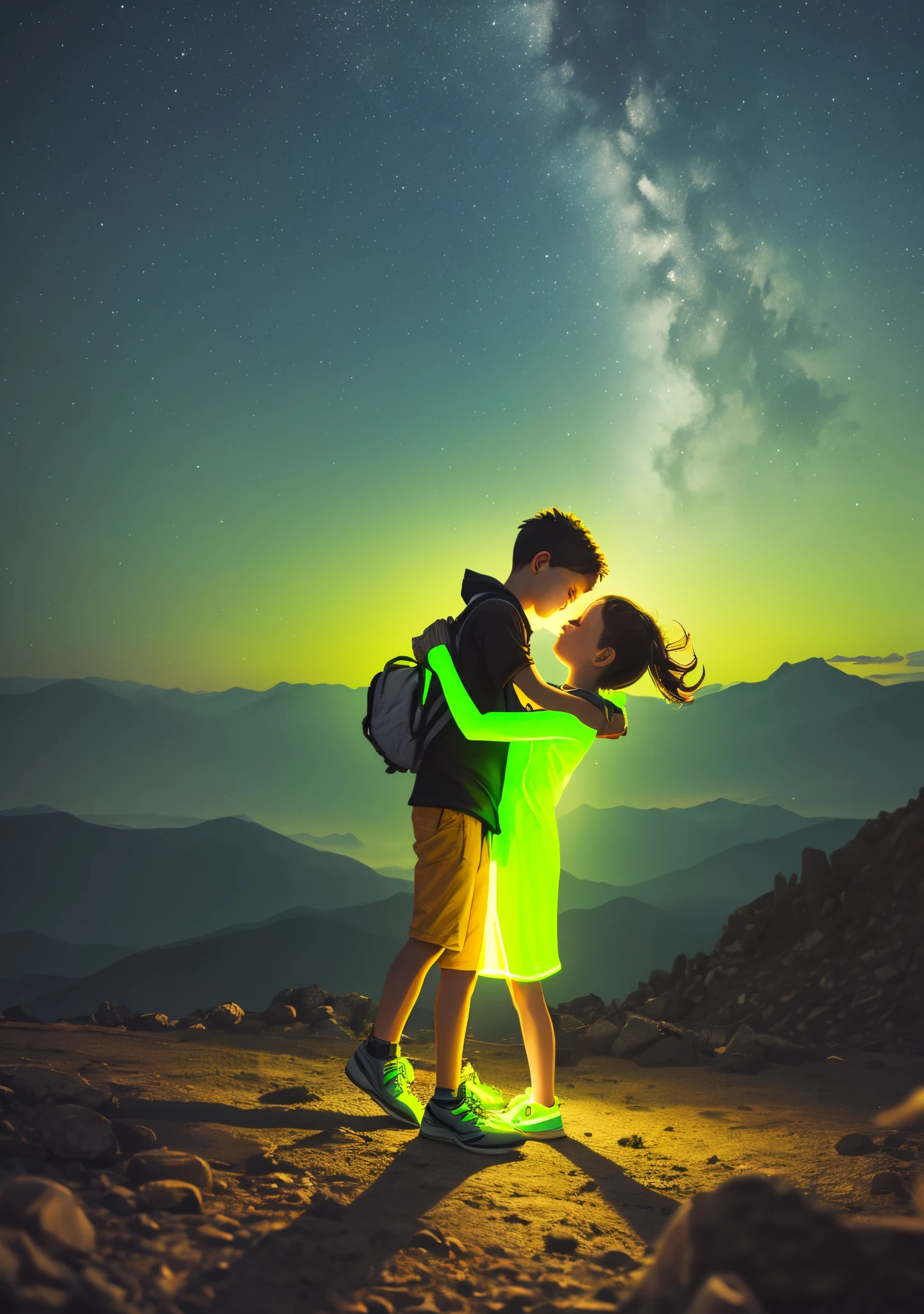 Side view of A boy holding a girl , the girl is fully illuminated by a neon yellow light, walking on a round mountain --auto --s2