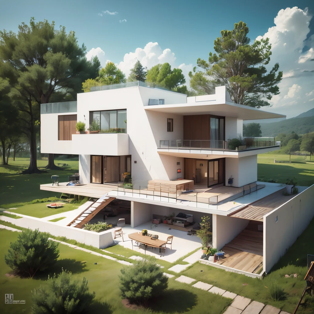 Modern stilt house design with floor area of 15mx15m. There are trees and wide roads in front of the front --auto --s2