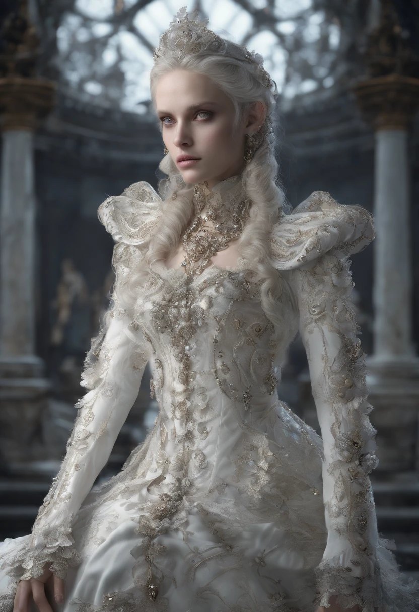 Incredibly detailed photography of a beautiful vampire alien, renaissance, Cheveux longs et blancs, yeux blancs complexes, Fantastique, ethereal, hyperdetailed, 32k resolution, dinamic lighting, nombril couvert, hyper detailed, intricate high detail, Tendances sur ArtStation, Costume de luxe blanc, volumeric lighting, BalenciagaStyle