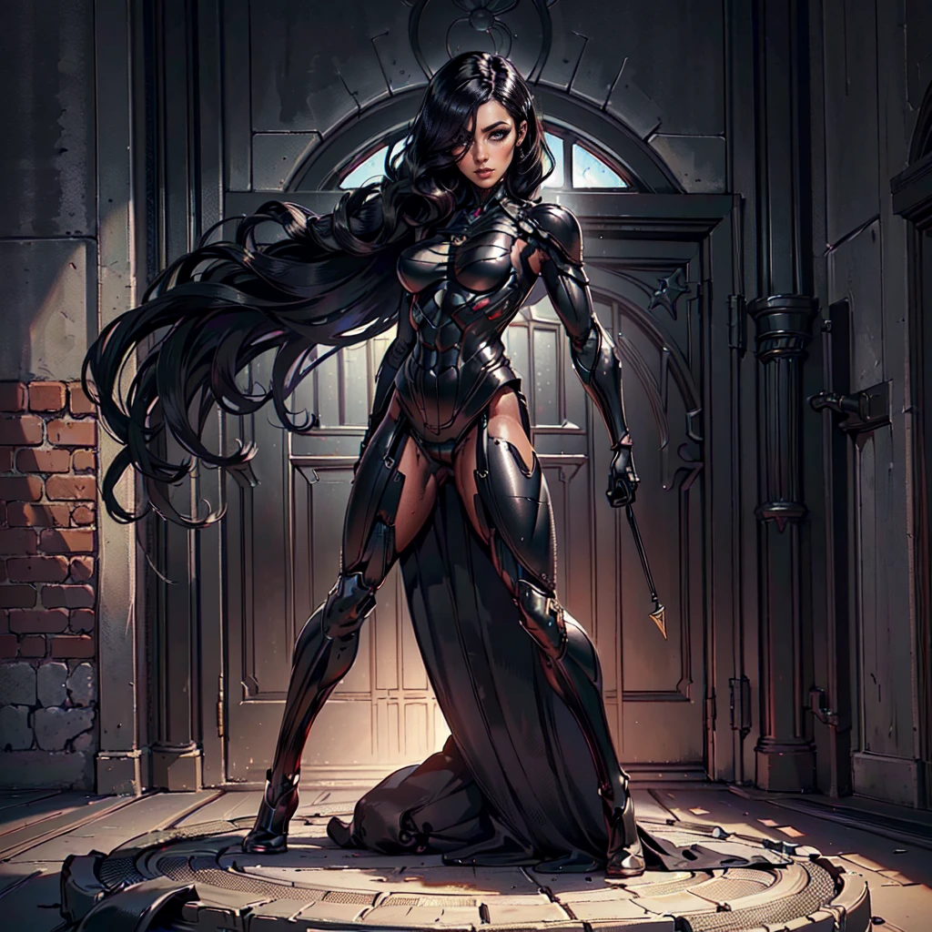 (Petaj, woman), dynamic pose, ((full body)), ((Black matte armor, )), (masterpiece, best quality), (detailed skin:1.3, detailed face:1.3), dslr,, (((hair over one eye))), (big hair1.2)), black hair), Grey Eyes, Mascara, Eyeliner, High resolution, Ultra-pointu, 16k, Masterpiece, three sided view,