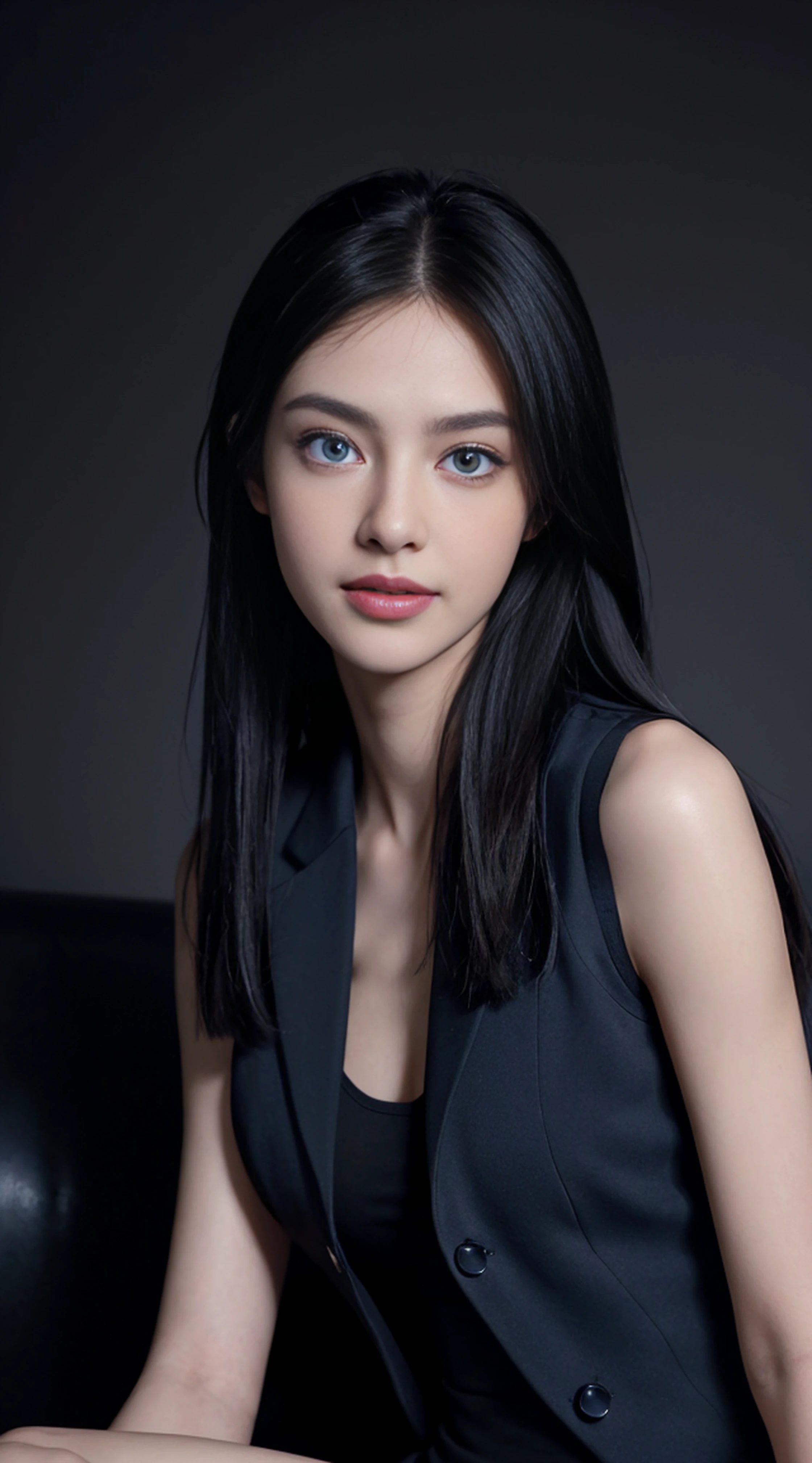 8K, Top Quality, Intricate Details, Ultra Detail, Ultra High Resolution, Masterpiece, close up shot, (full body: 1.1), Slender, Smile, (Makeup: 0.4), (Fluffy Blue Eyes: 1.21), blue Eyes, ((full body)), 1girl, solo, 1 girl, (( full body)), close up shot, , ((tall)), (((fit body))), (((slim face))), sharp face, sharp eyes, (( black hair, long hair, random hairstyle )) , (detailed face), sharp face, small lips, sitting on black sofa,
((open vest)), detailed face, detailed breast, , large breast, detail ass, , Beautiful girl with accentuated slender abs: 1.4, Six Pack Abs: 1.4, Bust Botox, Big, Perfect Body, detail leg, (( dark background)), black background,