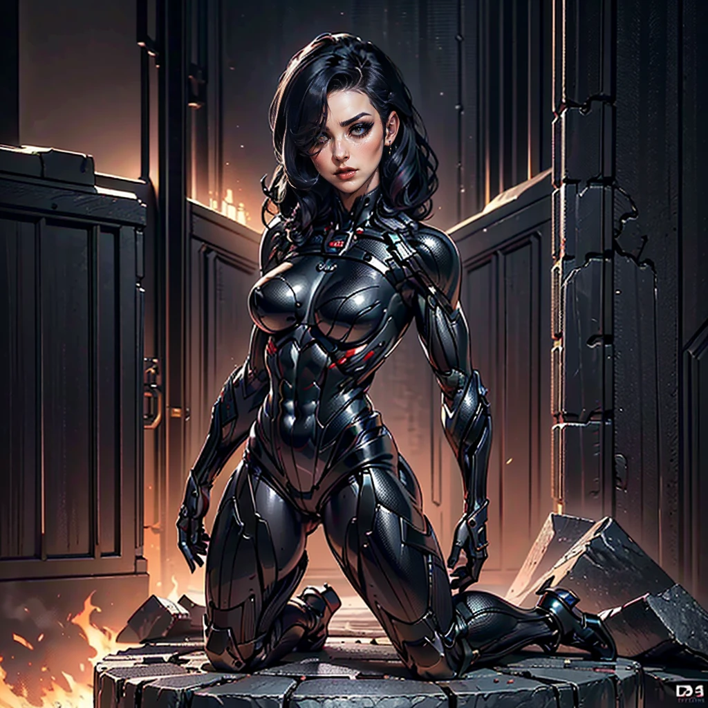 (Petaj, woman), dynamic pose, ((full body)), ((Black matte armor, )), (masterpiece, best quality), (detailed skin:1.3, detailed face:1.3), dslr,, (((hair over one eye))), (big hair1.2)), black hair), Grey Eyes, Mascara, Eyeliner, High resolution, Ultra-pointu, 16k, Masterpiece, three sided view,