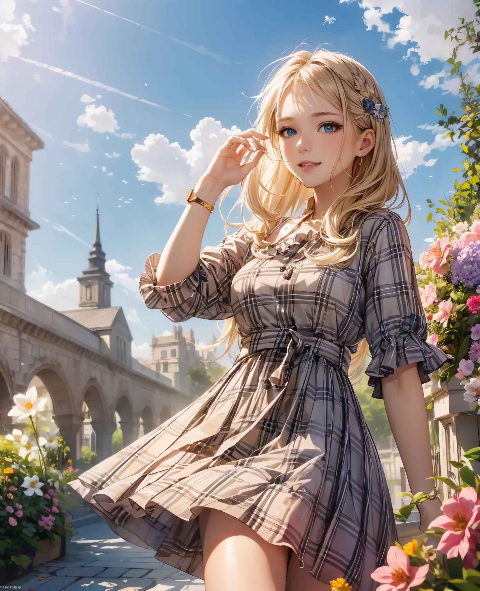 (masterpiece),(top-quality:1.2),1girl in,(masuter piece:1.3),exquisitedetails, Highest quality 8K resolution, Ultra-detailed, Realistic, Vibrant colors, Soft tones, With warm and gentle lighting,(Beautiful plaid dress:1.3),early evening,Big sunset,(Smooth straight blonde hair:1.2),(Hair parted in the middle:1.3),(Glowing hair),(Dark blue eyes:1.3),White skin, hair clips,wrist watch,Overflowing soft and gentle feelings,(The promenade is full of flowers),rays of sunshine,Warm golden glow,happiness and laughter,Sticking to ultra-detailed depictions and vivid colors. A style that combines romanticism and realism、depth of love,color palettes,and the lighting is soft and diffused, Shine a gentle light on your face,The artwork is a masterpiece,