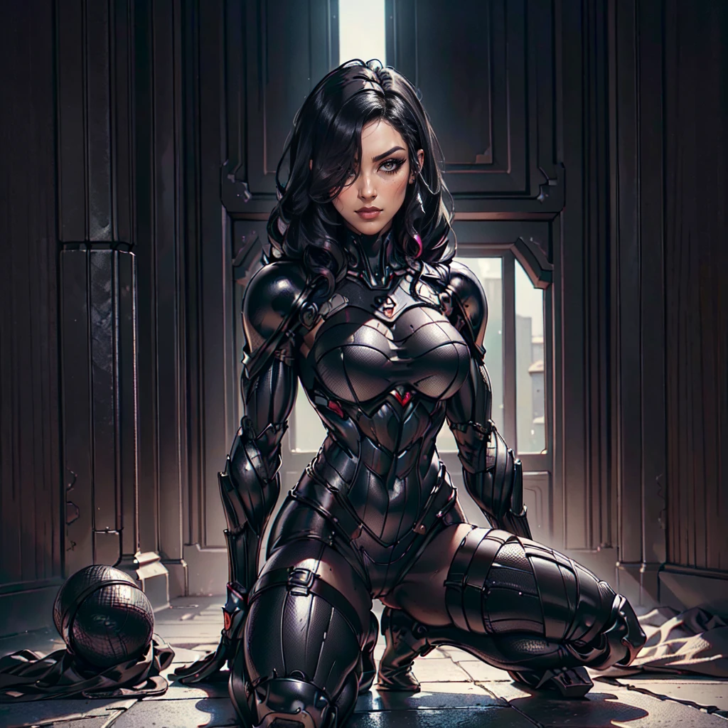 (Petaj, woman), dynamic pose, ((full body)), ((Black matte armor, )), (masterpiece, best quality), (detailed skin:1.3, detailed face:1.3), dslr,, (((hair over one eye))), (big hair1.2)), black hair), Grey Eyes, Mascara, Eyeliner, High resolution, Ultra-pointu, 16k, Masterpiece, three sided view,