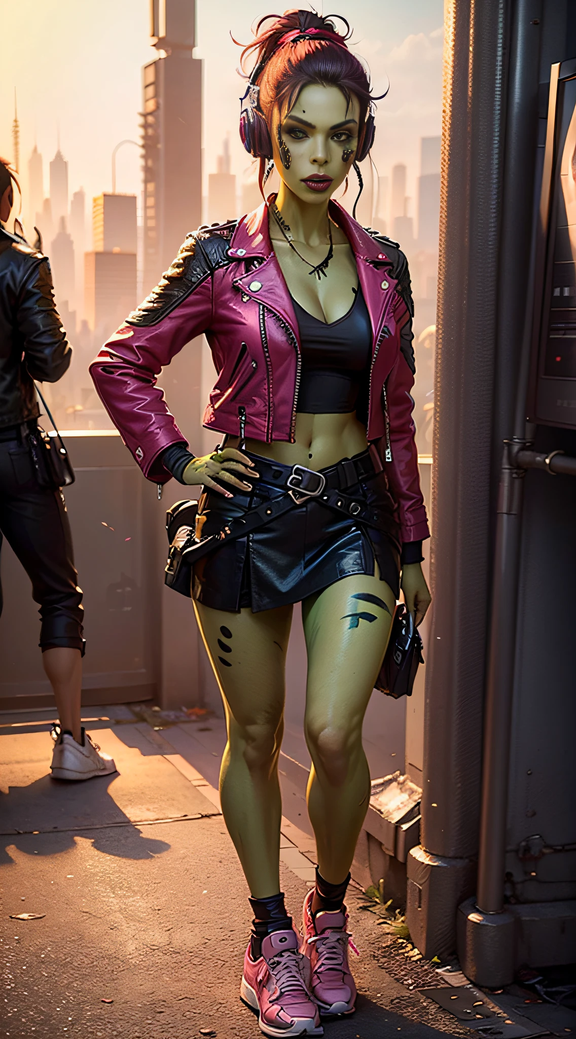 1girl, sexy githyanki, (green skin:1.3), cyberpunk, cyberpunk black ponytail, orange eyes, pointy ears, navel, midriff, (cyberpunk pink leather jacket:1.3), (cyberpunk black mini skirt:1.2), (cyberpunk red sneakers on heels:1.2), headphones, belt, pouch, medium breasts, athletic, park, black lipstick, black eyeliner, highly detailed face and eyes, (sunlight), (midday), best quality, masterpiece, realistic, anatomically correct, stunning details, intricate details, 8k post-production, high resolution, super details, trending on ArtStation, sharp focus, depth of field f/1.8, studio photos