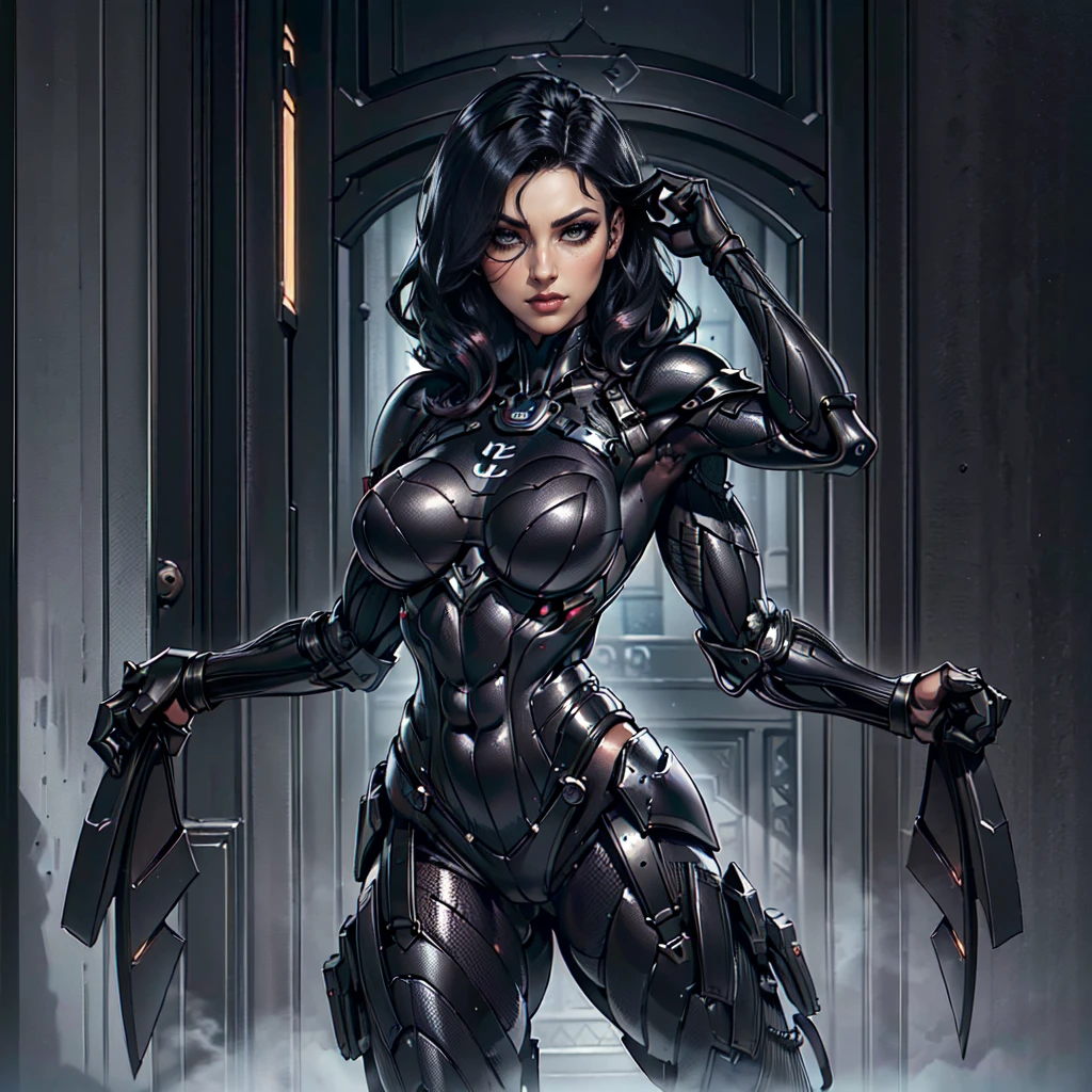 (Petaj, woman), dynamic pose, ((full body)), ((Black matte armor, )), (masterpiece, best quality), (detailed skin:1.3, detailed face:1.3), dslr,, (((hair over one eye))), (big hair1.2)), black hair), Grey Eyes, Mascara, Eyeliner, High resolution, Ultra-pointu, 16k, Masterpiece, three sided view,