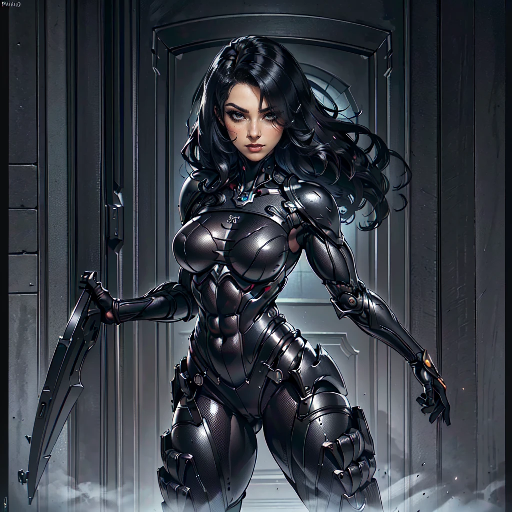 (Petaj, woman), dynamic pose, ((full body)), ((Black matte armor, )), (masterpiece, best quality), (detailed skin:1.3, detailed face:1.3), dslr,, (((hair over one eye))), (big hair1.2)), black hair), Grey Eyes, Mascara, Eyeliner, High resolution, Ultra-pointu, 16k, Masterpiece, three sided view,