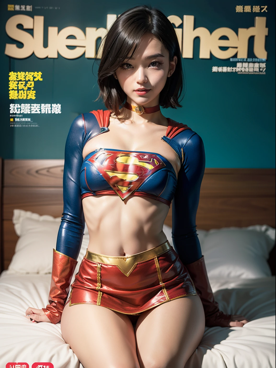 Super masterpiece,Short-haired Supergirl sitting on bed、Plump breasts、Looking at the camera、a choker、bare-legged、Weekly magazine cover、Cheerful pose、highleg、a miniskirt、Tight costumes、seduces、Large open legs