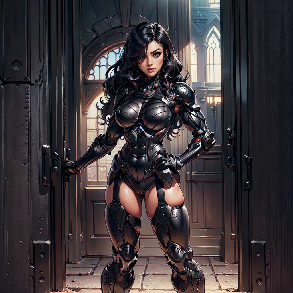 (Petaj, woman), dynamic pose, ((full body)), ((Black matte armor, )), (masterpiece, best quality), (detailed skin:1.3, detailed face:1.3), dslr,, (((hair over one eye))), (big hair1.2)), black hair), Grey Eyes, Mascara, Eyeliner, High resolution, Ultra-pointu, 16k, Masterpiece, three sided view,