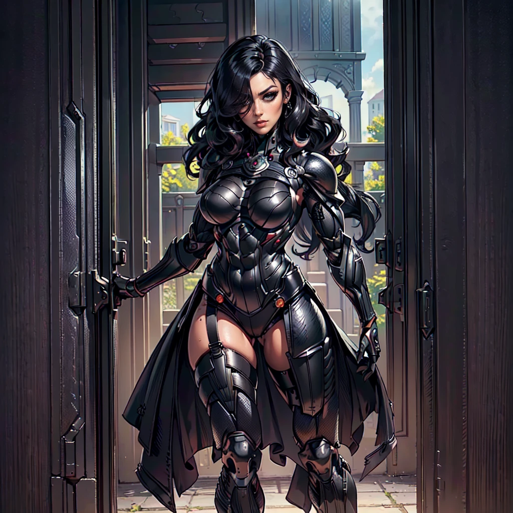 (Petaj, woman), dynamic pose, ((full body)), ((Black matte armor, )), (masterpiece, best quality), (detailed skin:1.3, detailed face:1.3), dslr,, (((hair over one eye))), (big hair1.2)), black hair), Grey Eyes, Mascara, Eyeliner, High resolution, Ultra-pointu, 16k, Masterpiece, three sided view,