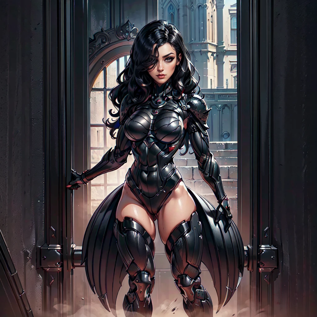 (Petaj, woman), dynamic pose, ((full body)), ((Black matte armor, )), (masterpiece, best quality), (detailed skin:1.3, detailed face:1.3), dslr,, (((hair over one eye))), (big hair1.2)), black hair), Grey Eyes, Mascara, Eyeliner, High resolution, Ultra-pointu, 16k, Masterpiece, three sided view,