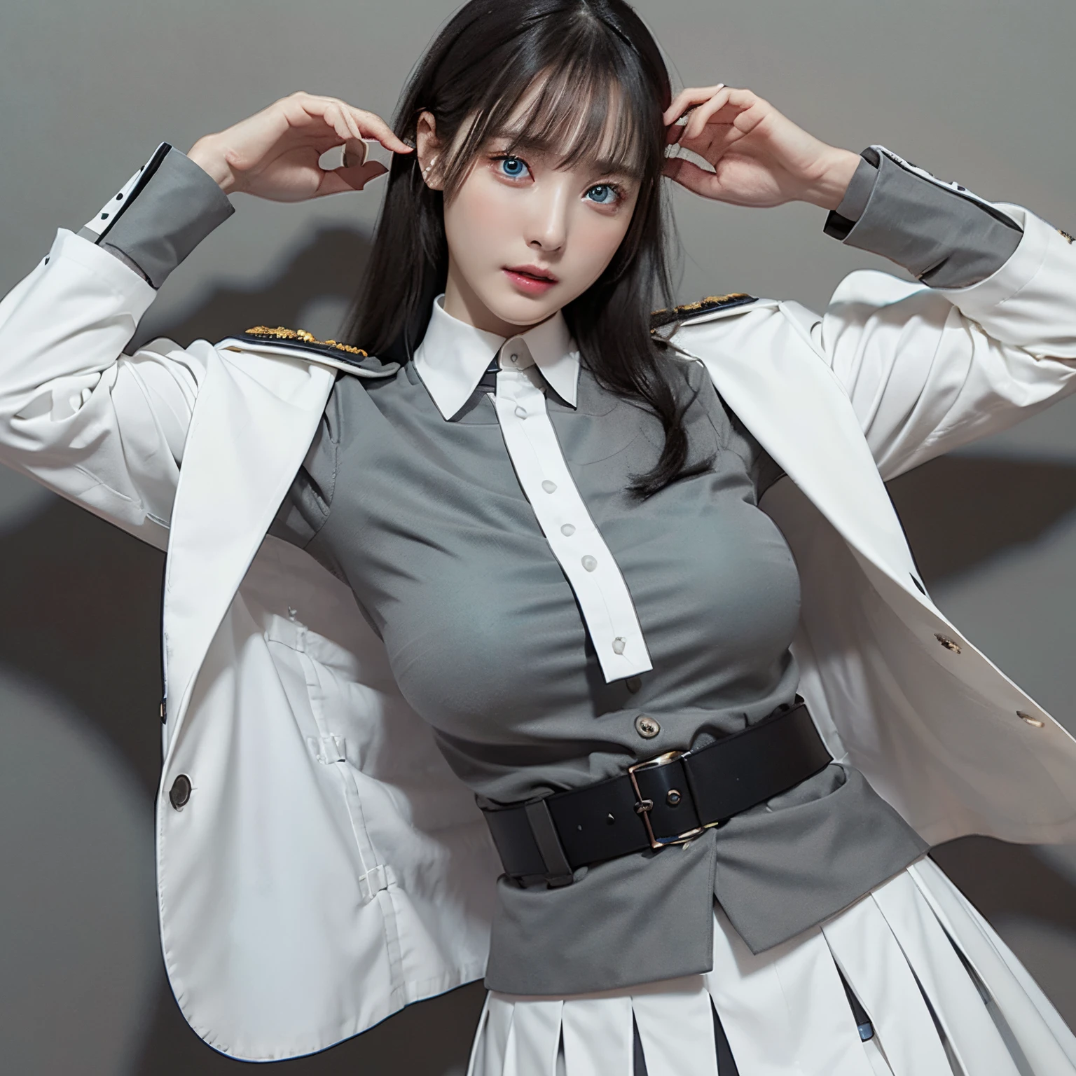 【Highest Quality, masutepiece】 [girl, Manteau, expressioness, blue eyes, front facing, black hair, Upper body] (Gray white background:1.7), Full body、White one-piece military uniform、 (masutepiece:1.2, Best Quality), (finely detailed beautiful eye: 1.2), (beautifull detailed face), High contrast, (Best Illumination, extremely delicate and beautiful), ((Cinematic Light)), Colorful, Hyper Detail, Dramatic light, Intricate details, big breasts、Belt under the breast、White military uniform, White skirt, Medium hair fluttering in the wind, Black tie,