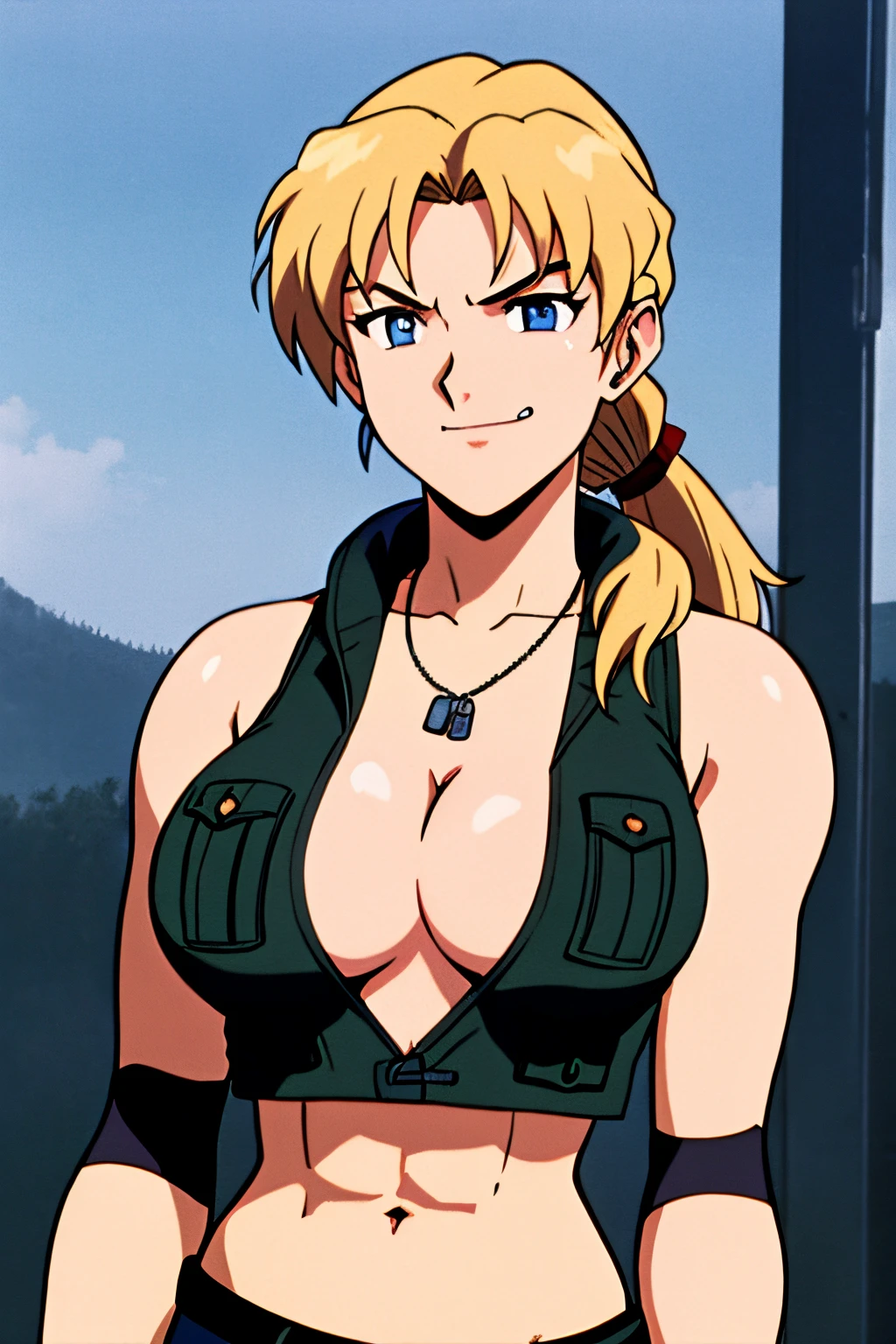 1girl, cowboy shot,  sonyablade,  cleavage, vest, abs, boots, cleavage, dog tags, fingerless gloves, midriff, navel, pants, knee pads, hand on hip, smirk, (huge breasts: 1.3),((upper body: 1.3)), crop top, ponytail,blue eyes, blonde hair, blue eyes, masterpiece, best quality, evangelion anime style, anime screencap, 1990s_\(style\),